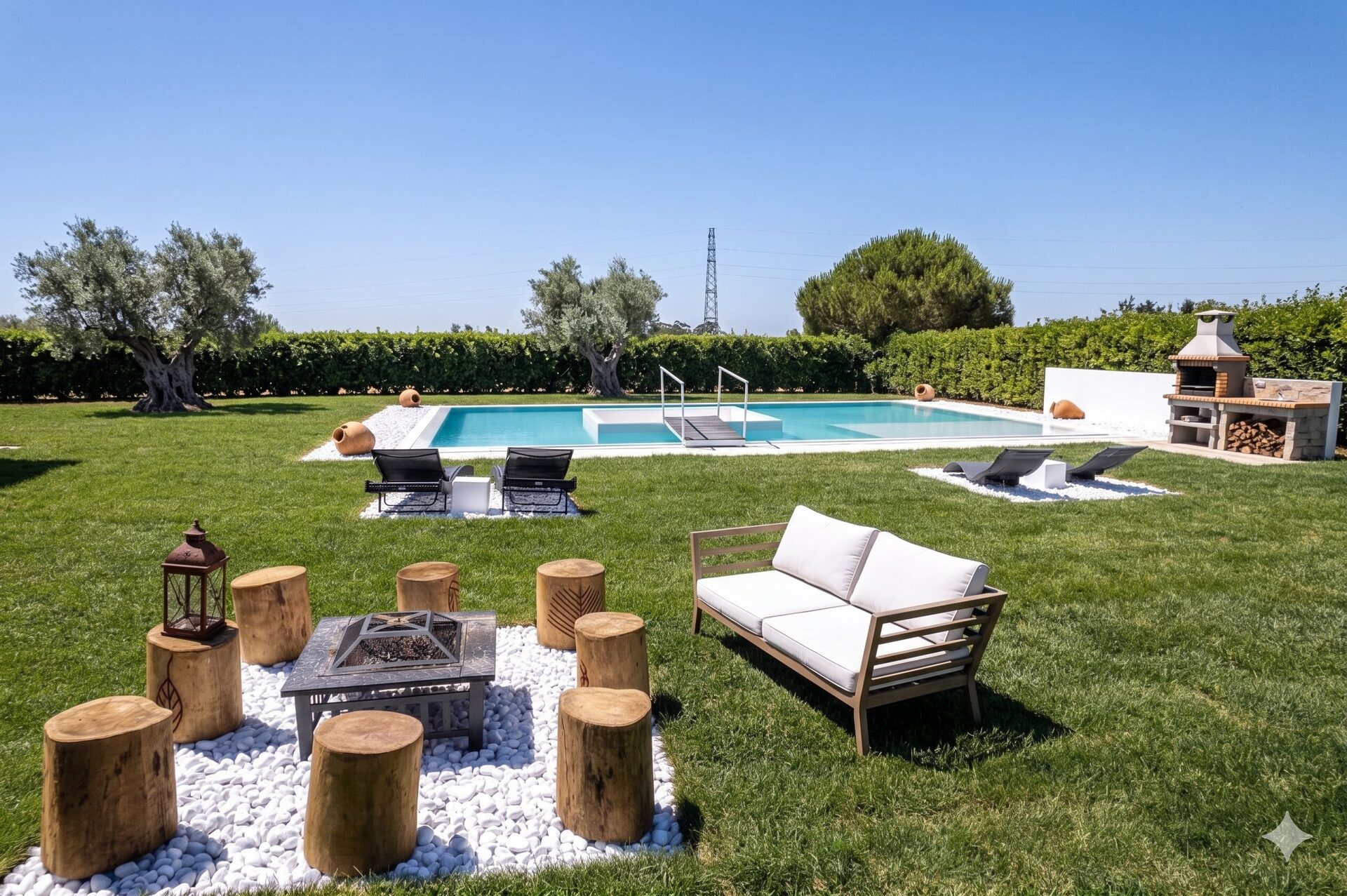 Giardino con piscina e zona relax